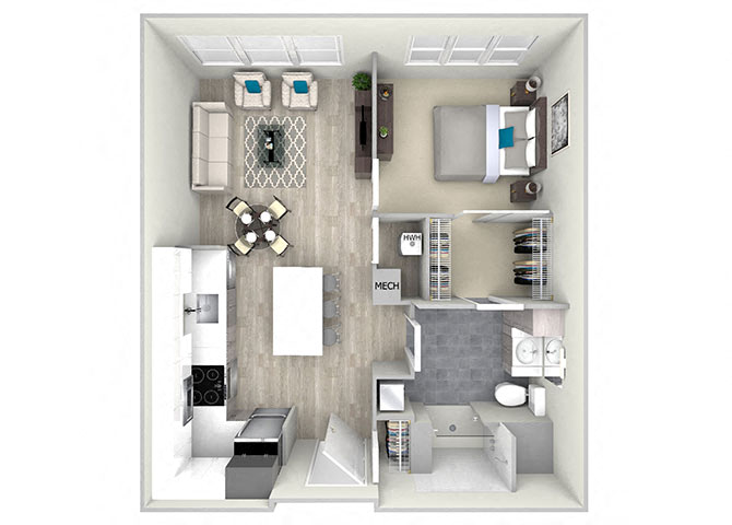 Floor plan for 1 bed, 1 bath, 748 sqft